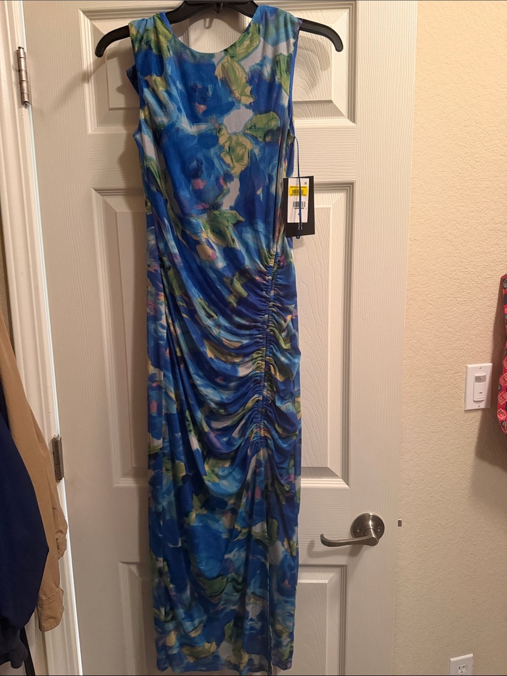 Blue Floral Sleeveless Ruched Midi Dress